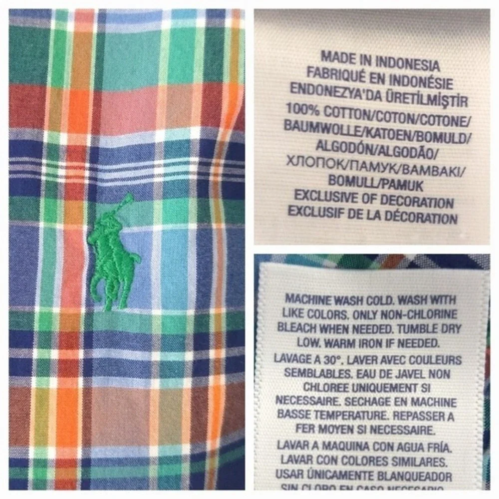 Ralph Lauren Blue Green Orange Plaid Short Sleeve Button Down Shirt- Child Boy M